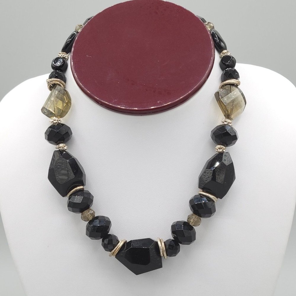 Womens Jewelry Black Stone Beaded Fashion Necklace Gold Tone Metal Lobster 14 in
